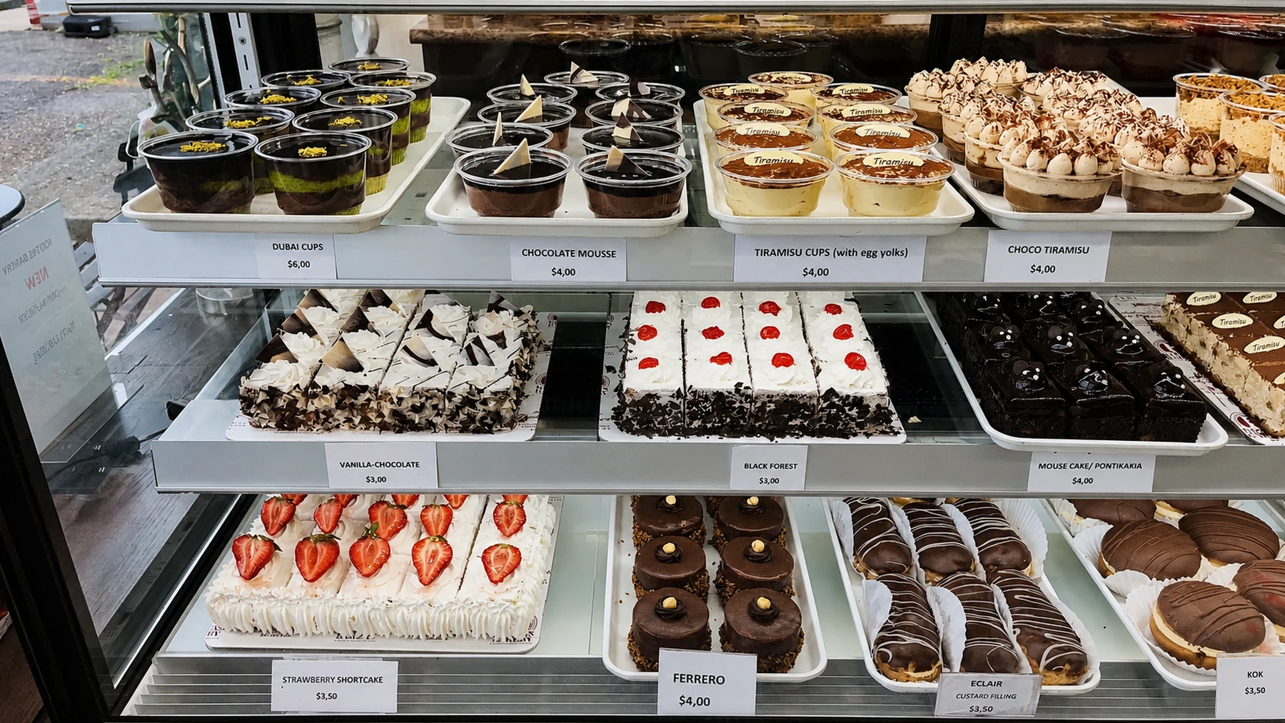 A wide selection of desserts in the Kostas bakery case