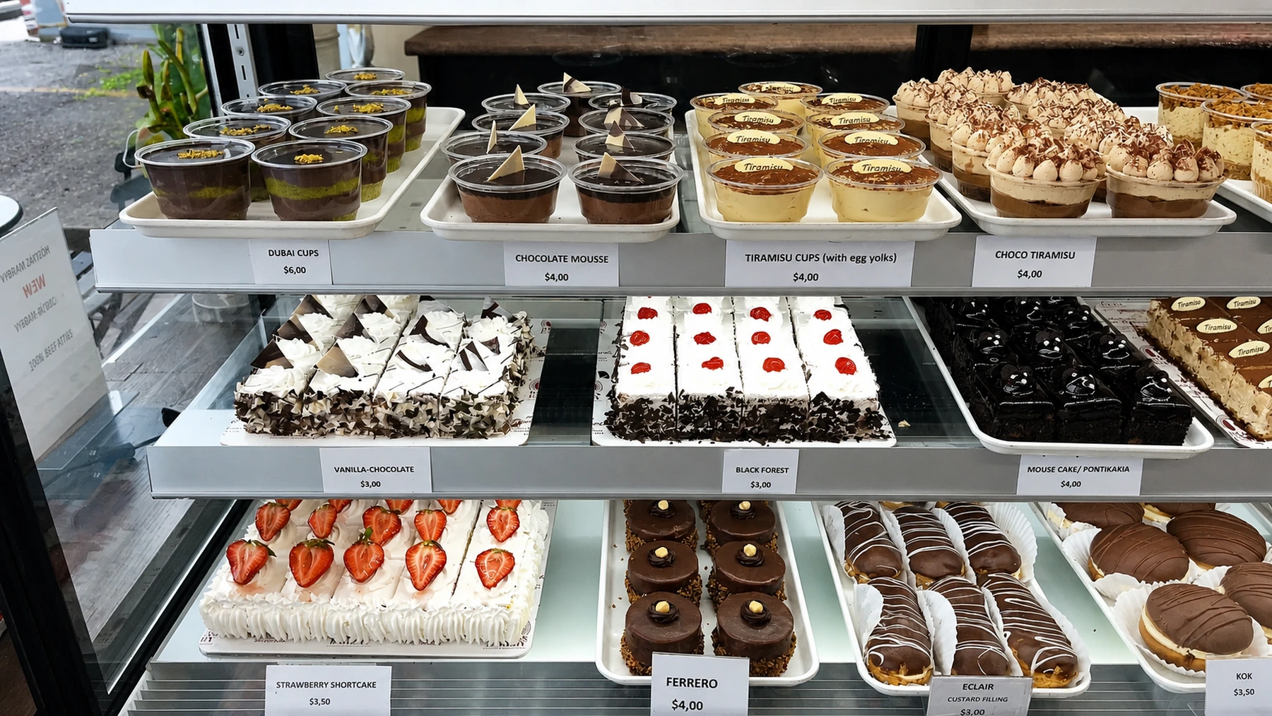 Cake slices and dessert cups in the bakery display
