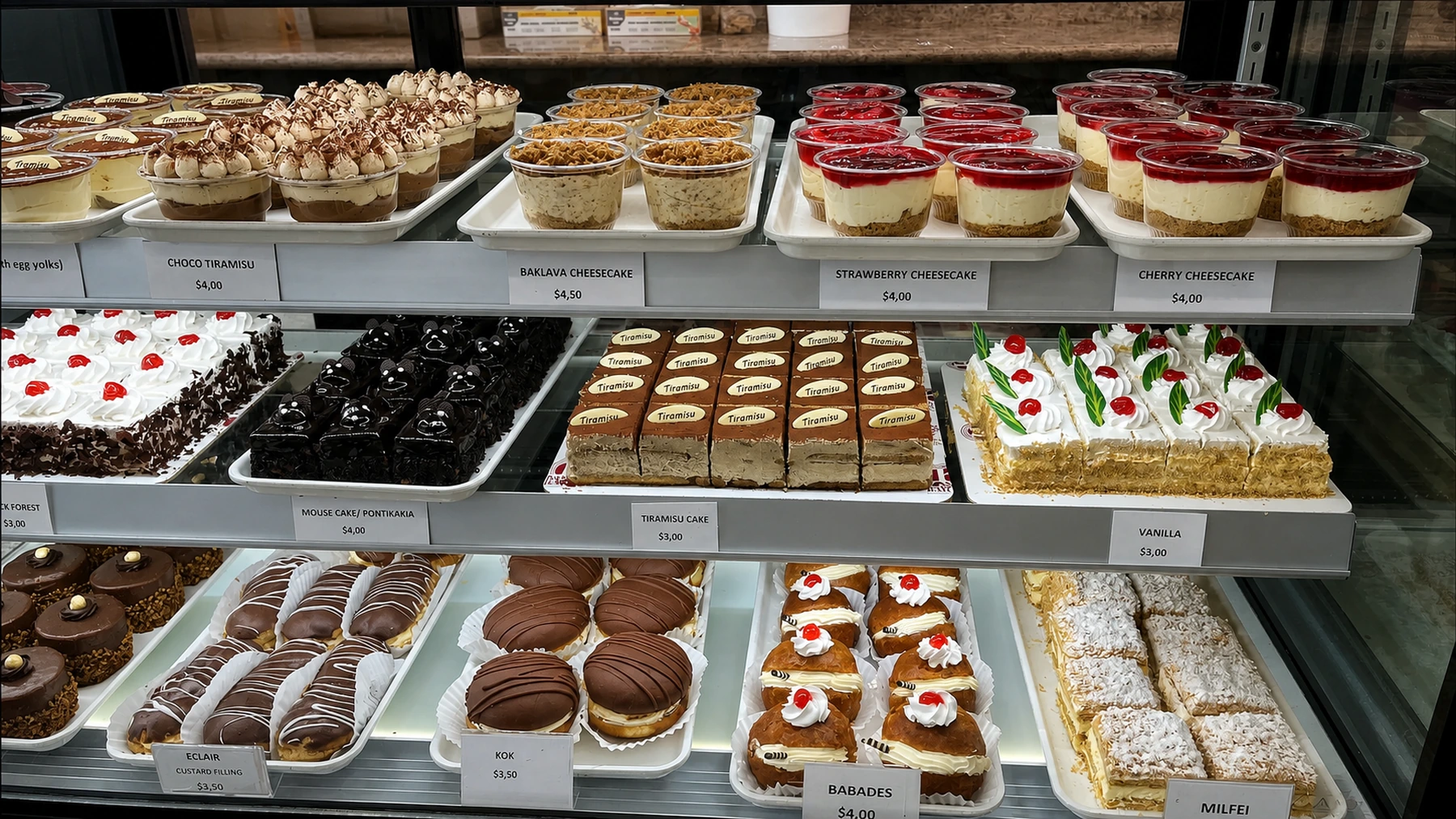 Layered cakes and cheesecakes in the dessert case
