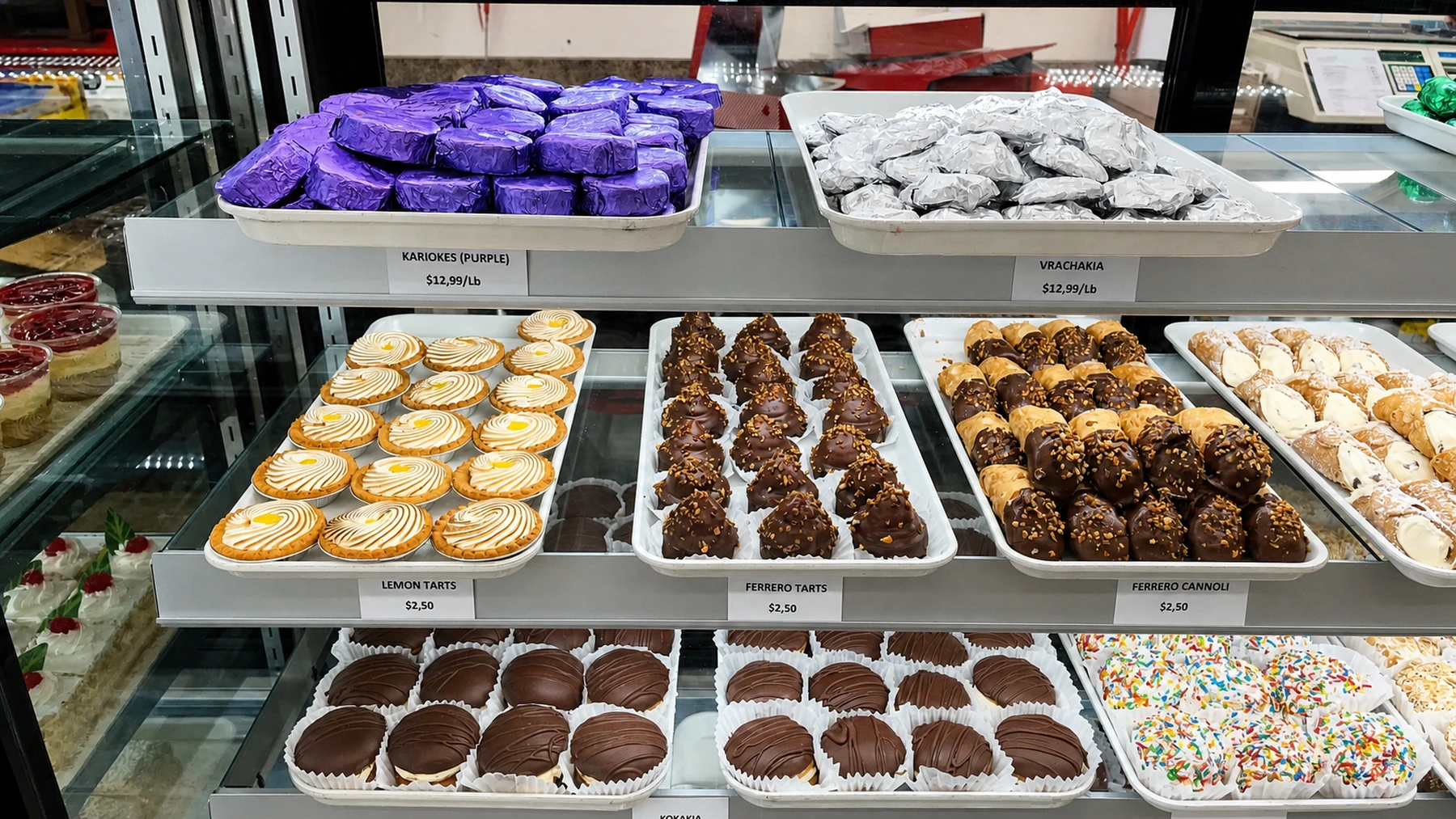Colourful Greek sweets and pastries in the display