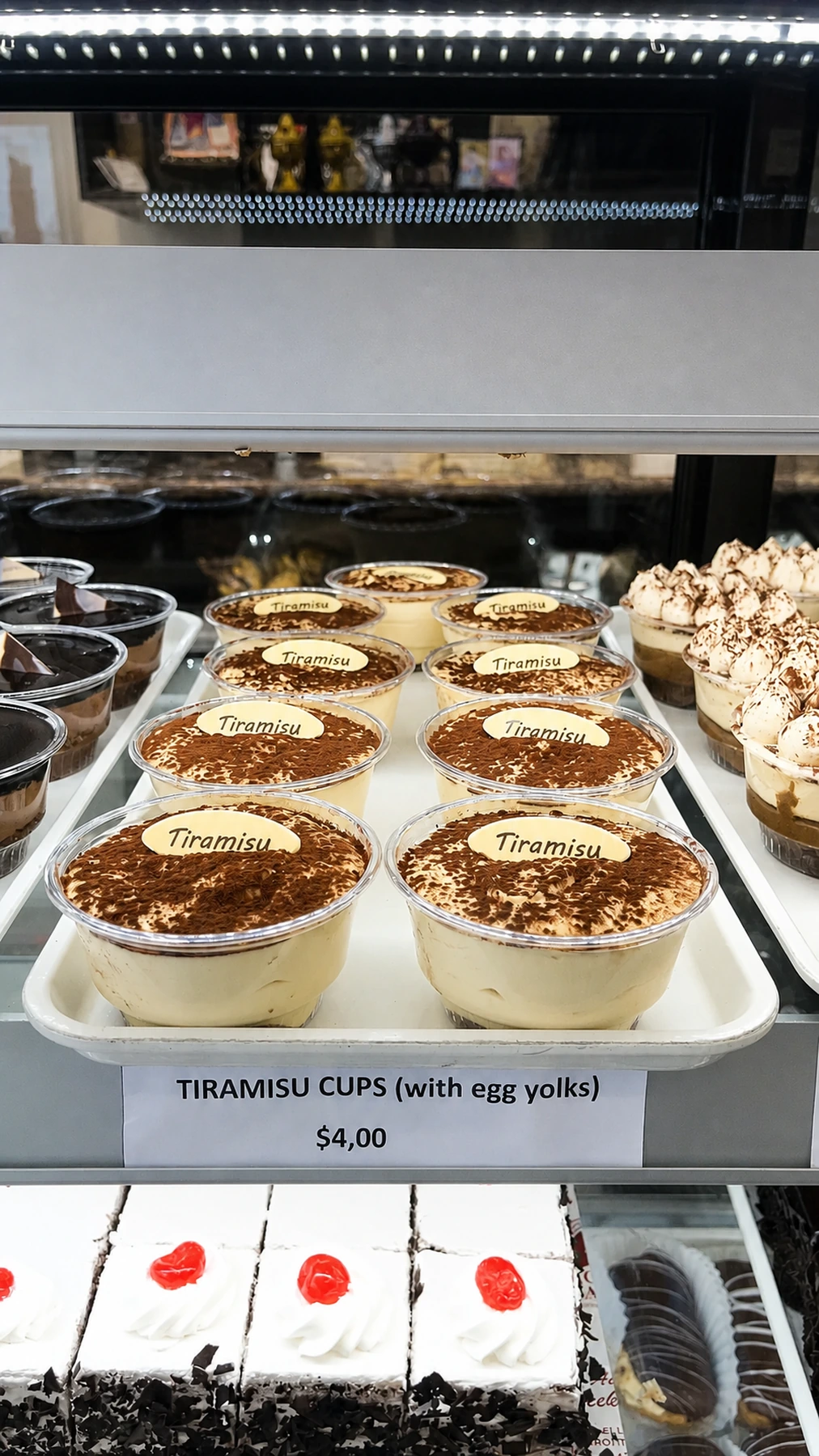 Individual tiramisu cups in the bakery display