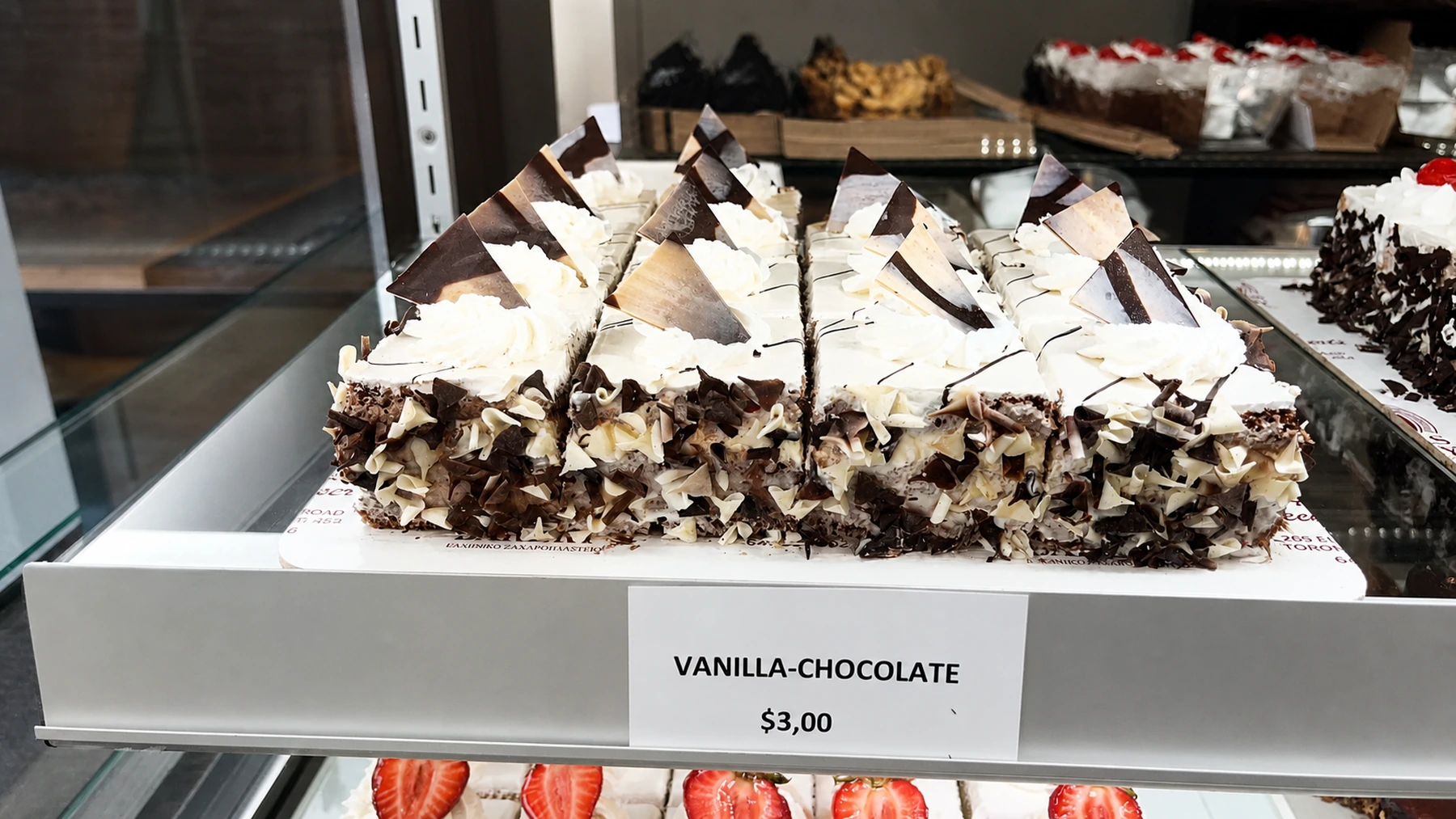 Vanilla and chocolate cake slices in the display case