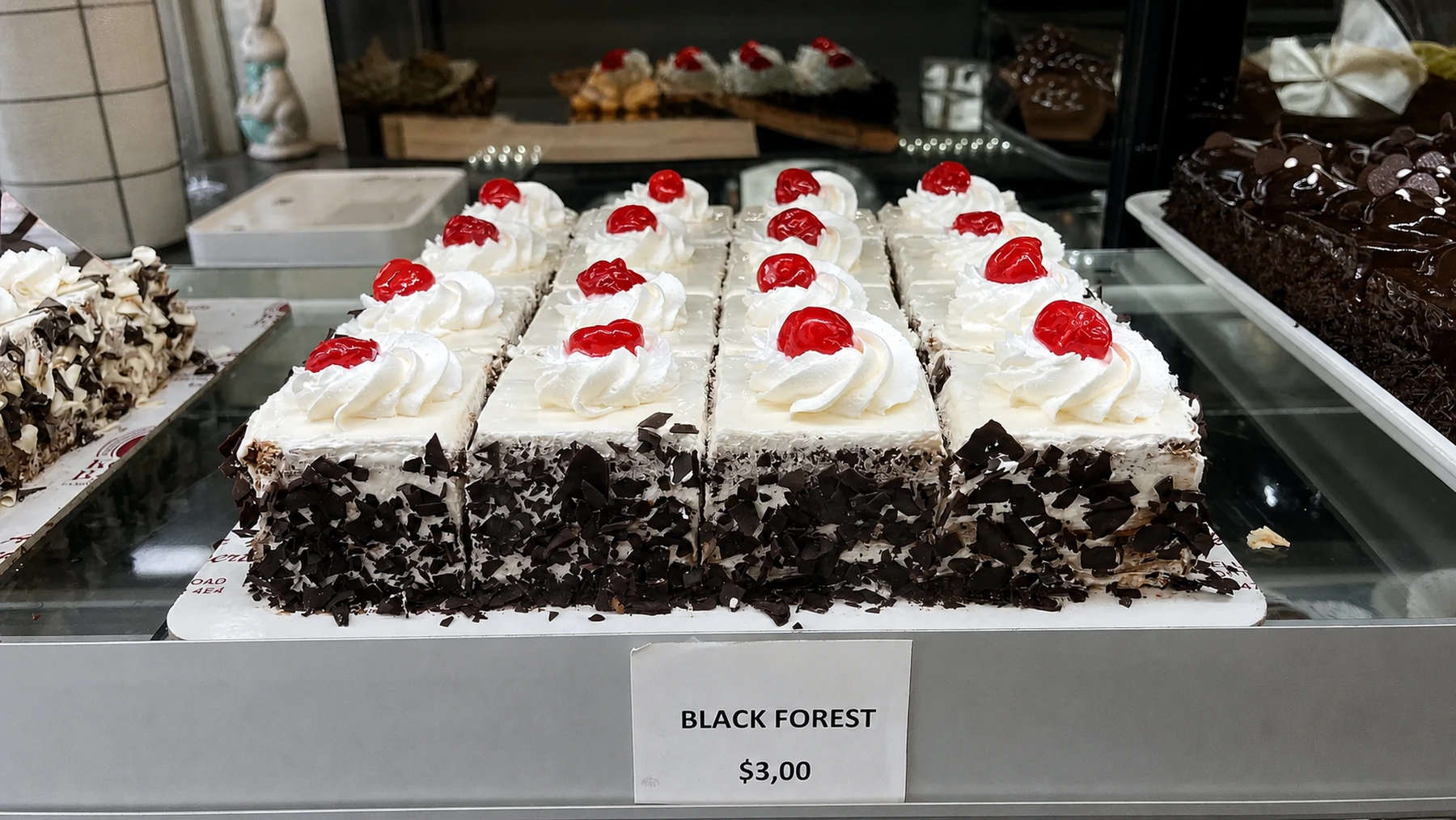 Black Forest cake slices topped with cream and cherries