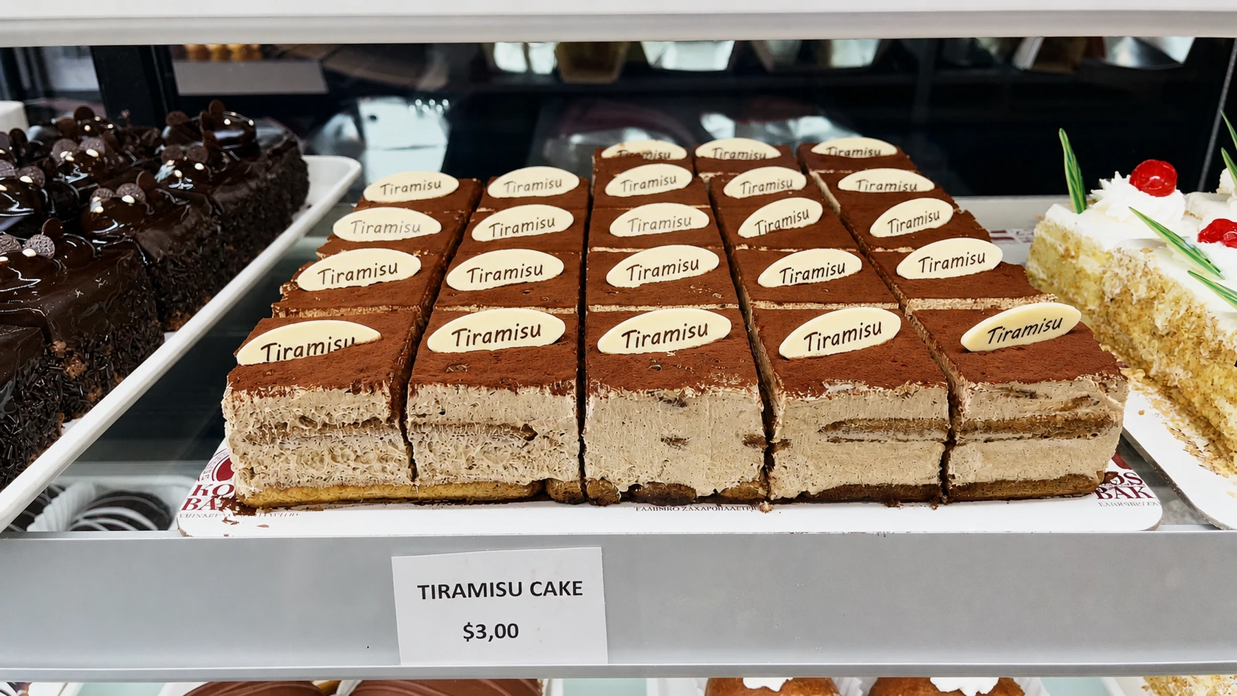 Tiramisu cake slices arranged in rows