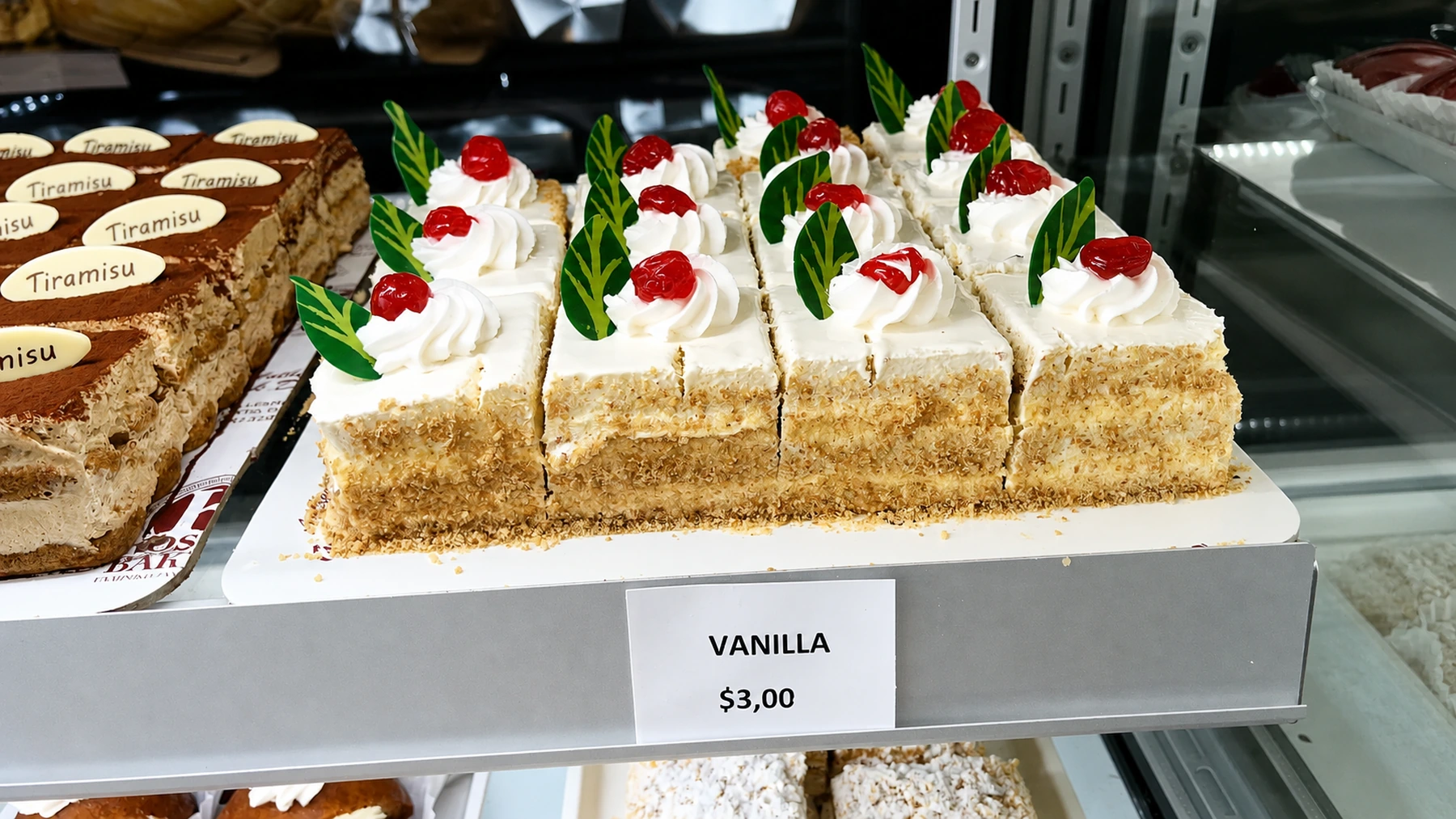 Vanilla cake slices topped with cream and cherries
