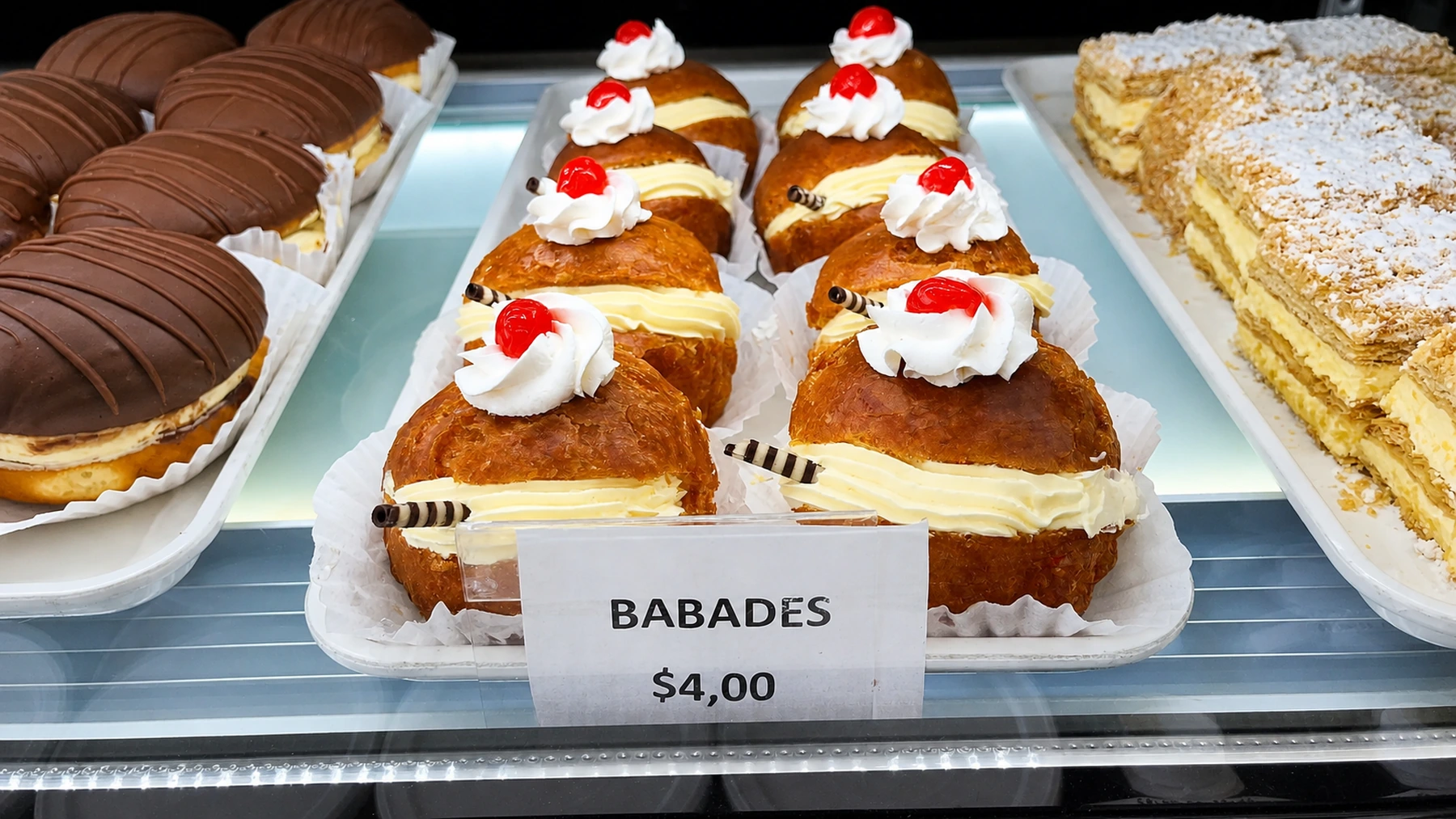 Babadies pastries topped with cream and cherries