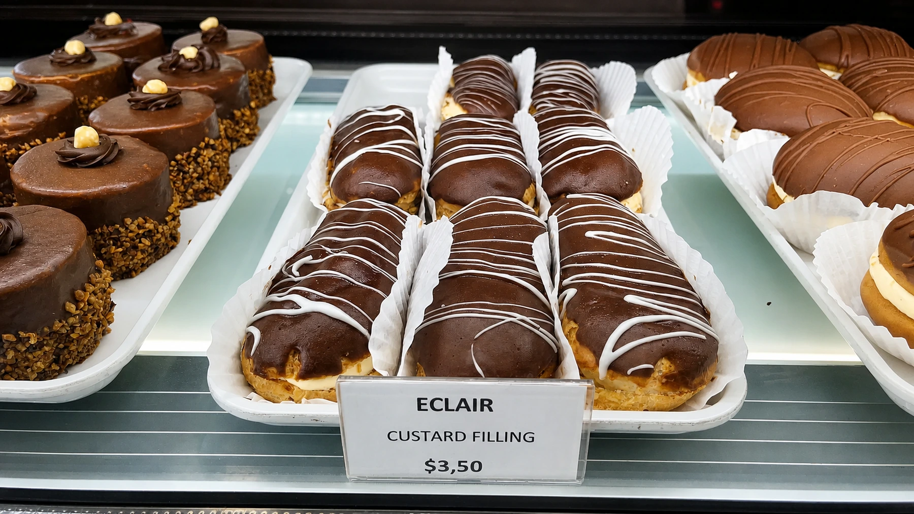 Custard-filled chocolate eclairs arranged in rows