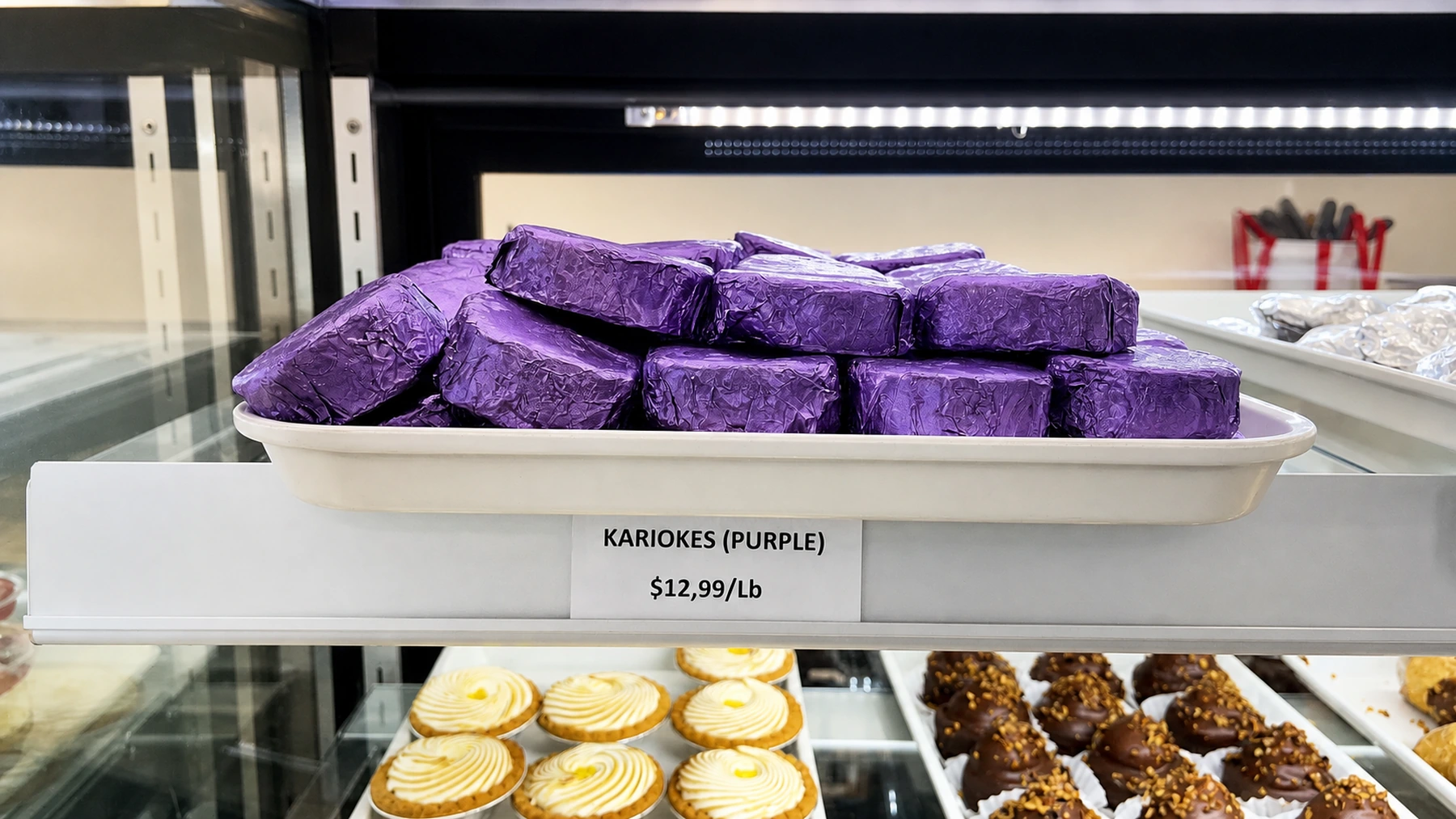 Purple kariokes arranged in the Greek sweets display