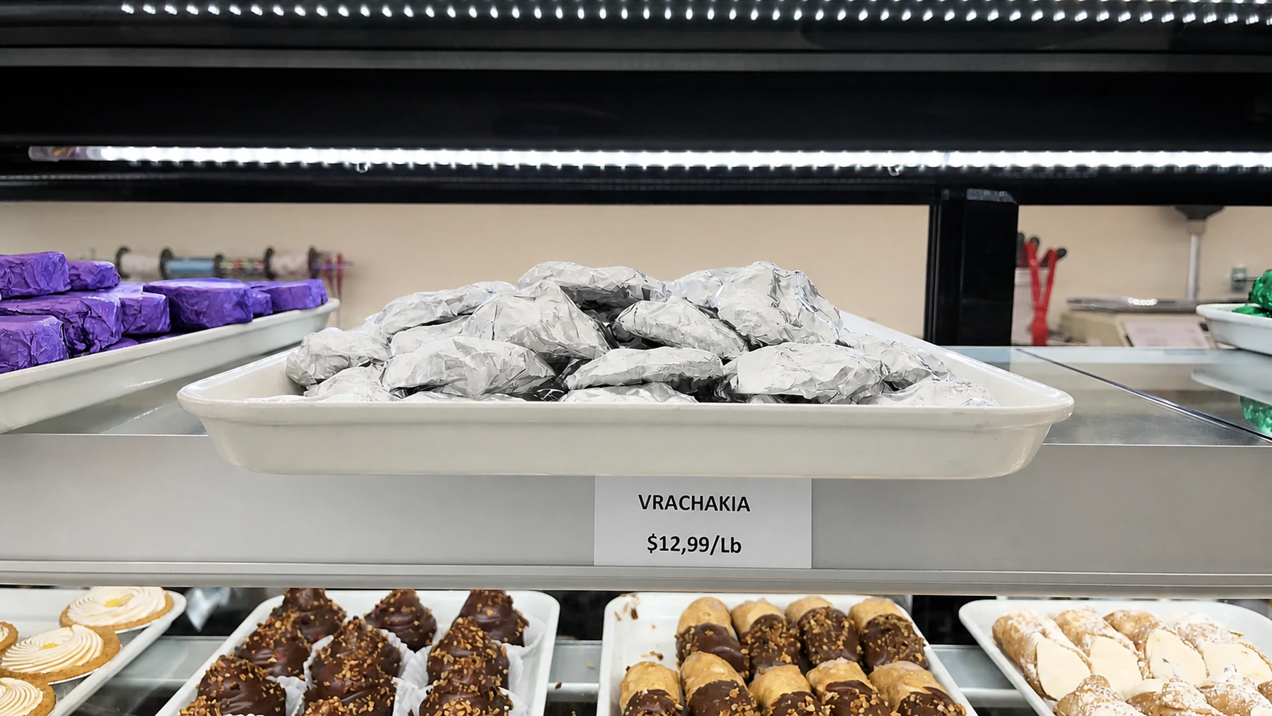 Powdered Greek sweets arranged in the bakery case