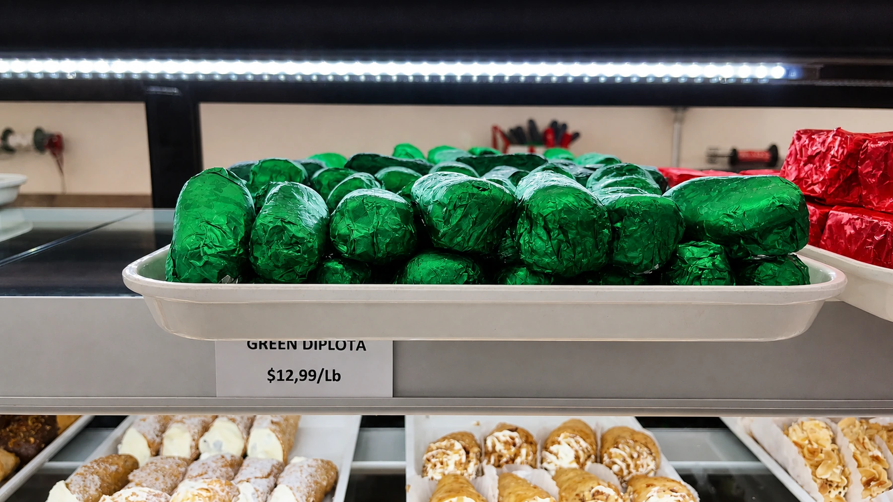 Green wrapped diplota sweets in the display