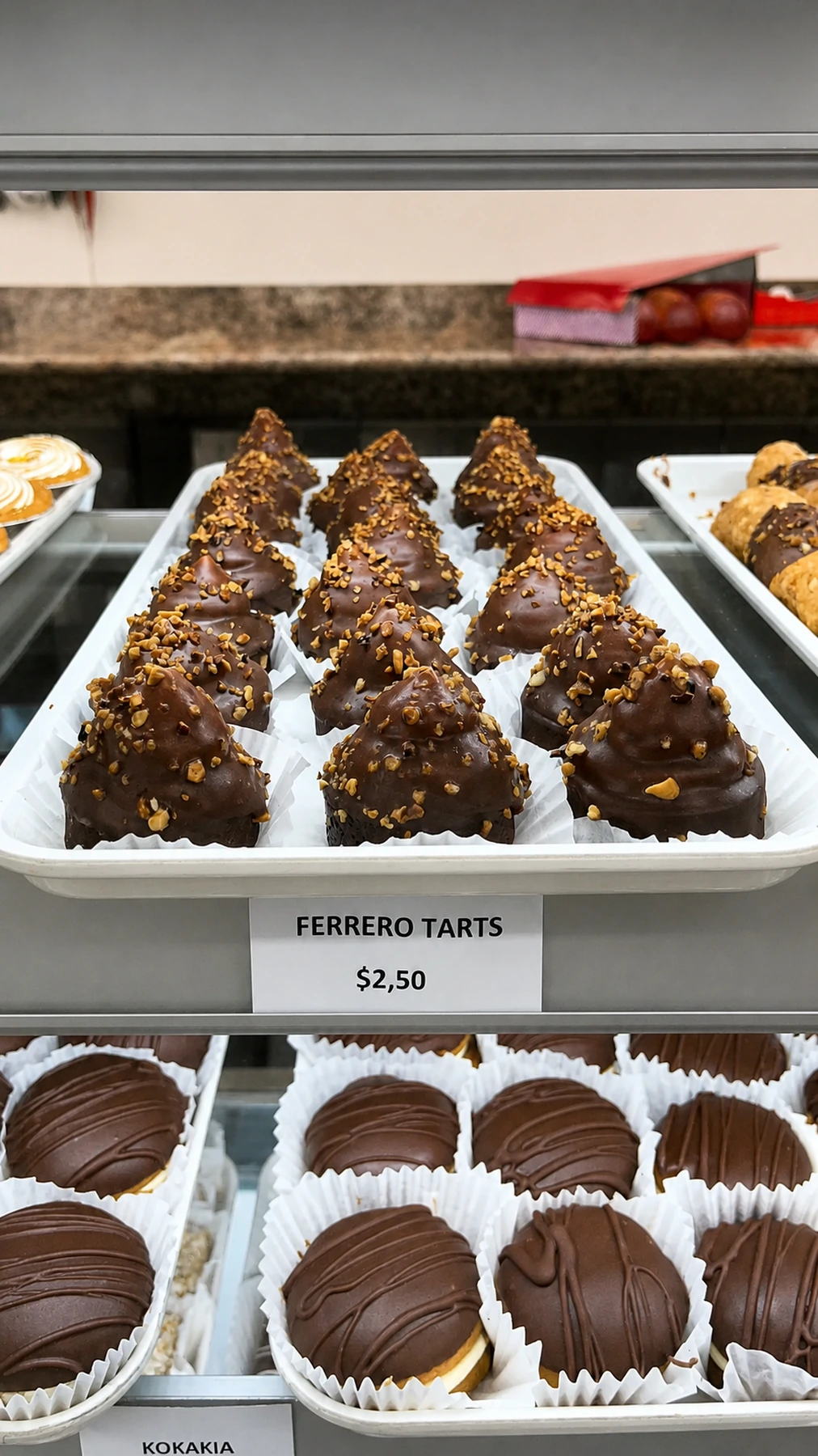 Ferrero chocolate tarts arranged in rows