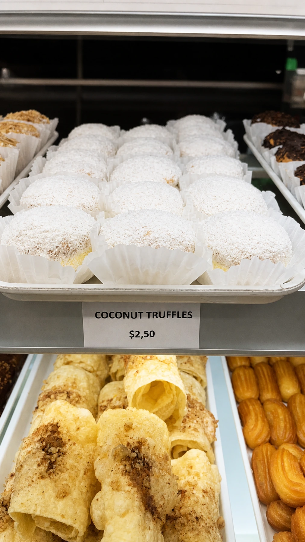 Coconut truffles in the bakery display
