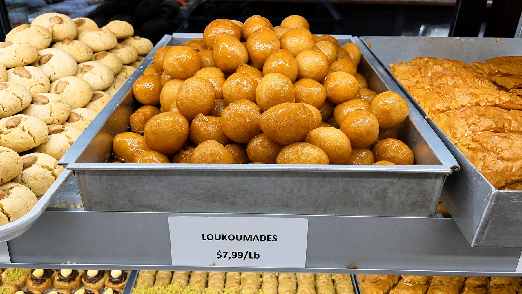 A tray of glossy loukoumades in the Kostas bakery case