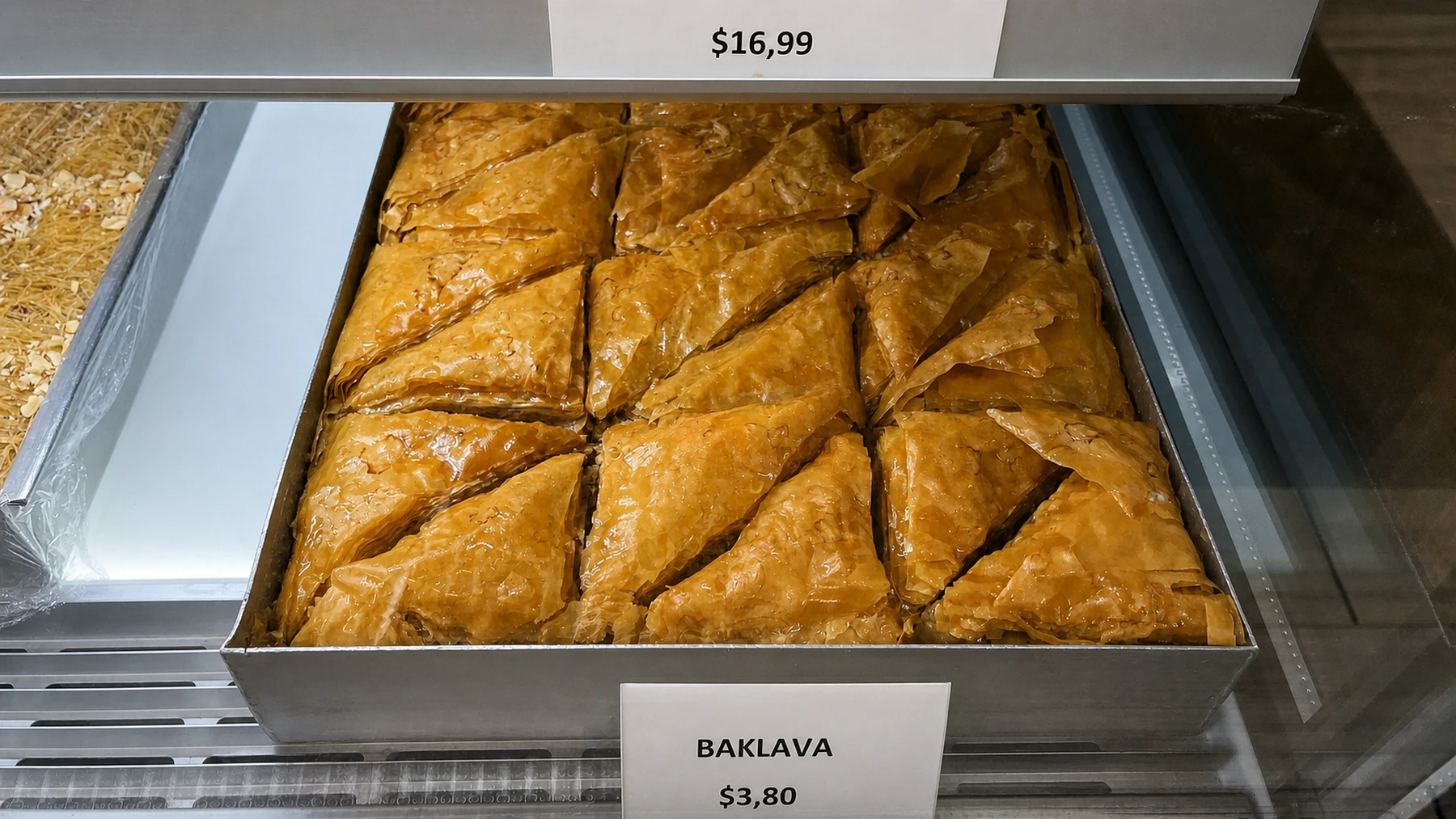 Golden baklava portions in a large tray