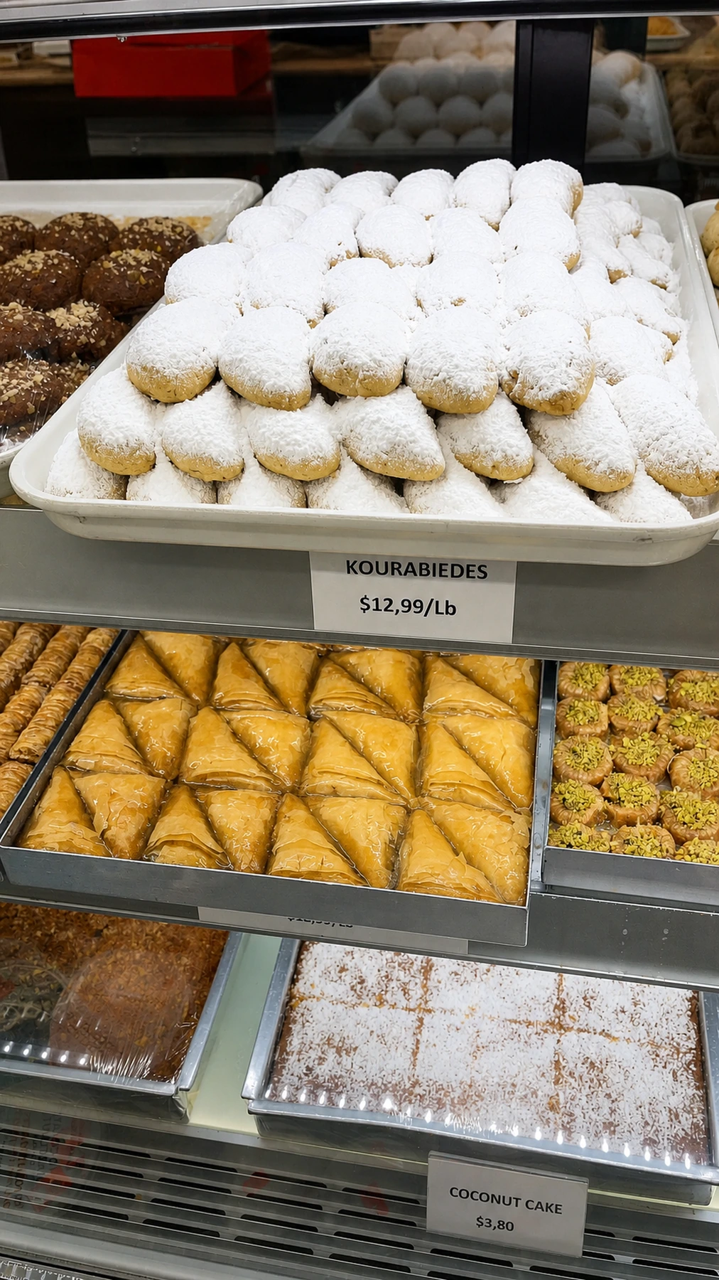 Powdered kourabiedes displayed above trays of baklava