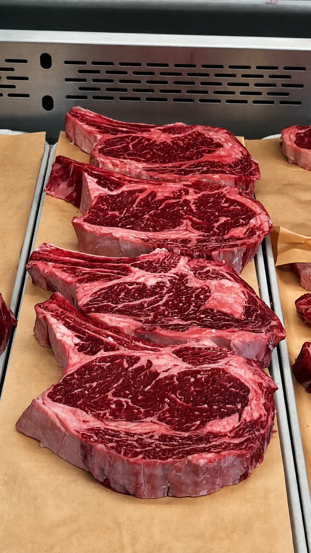 Premium bone-in steaks in the Kostas butcher case
