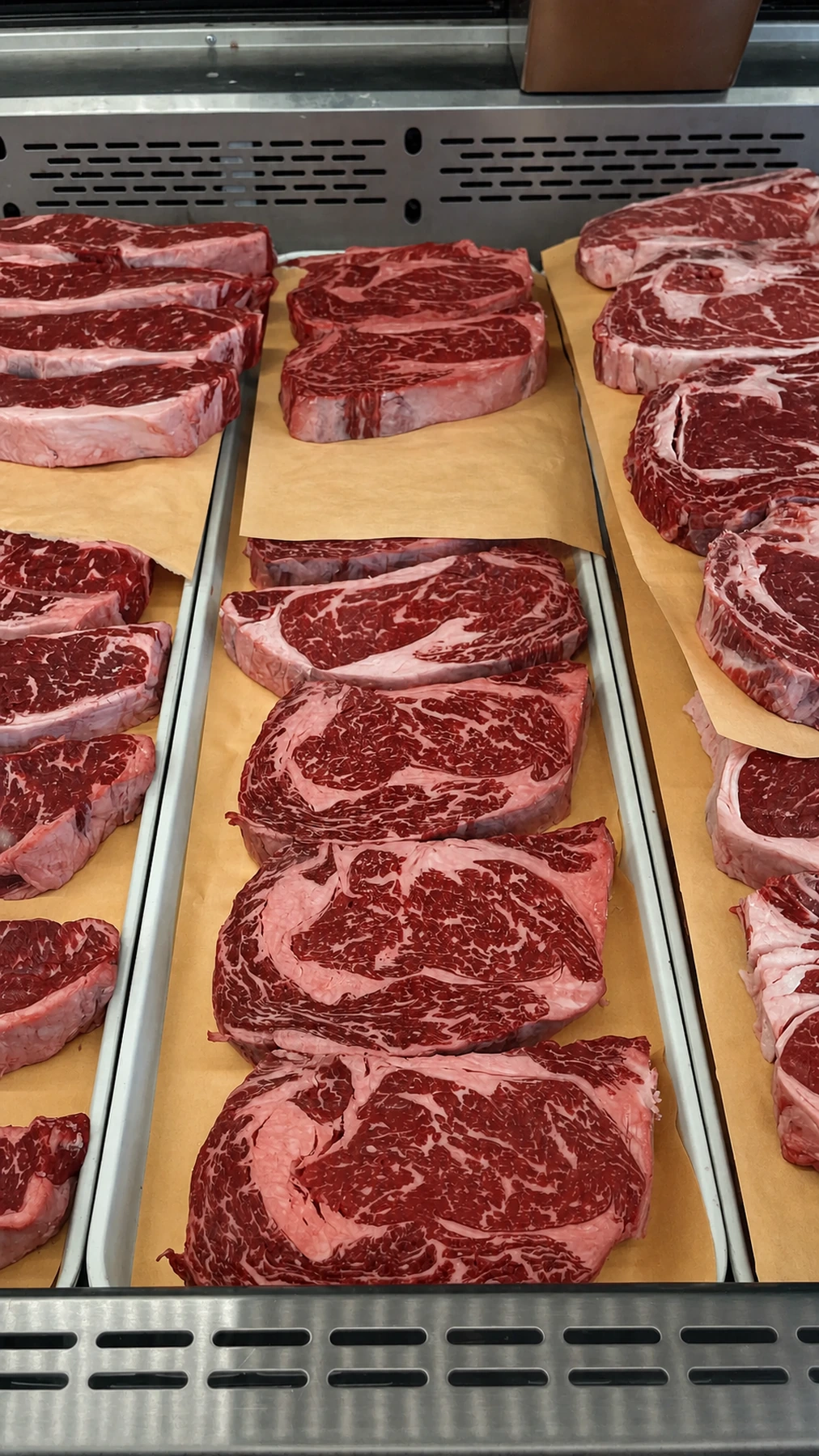 Well-marbled steaks arranged at the Kostas butcher counter